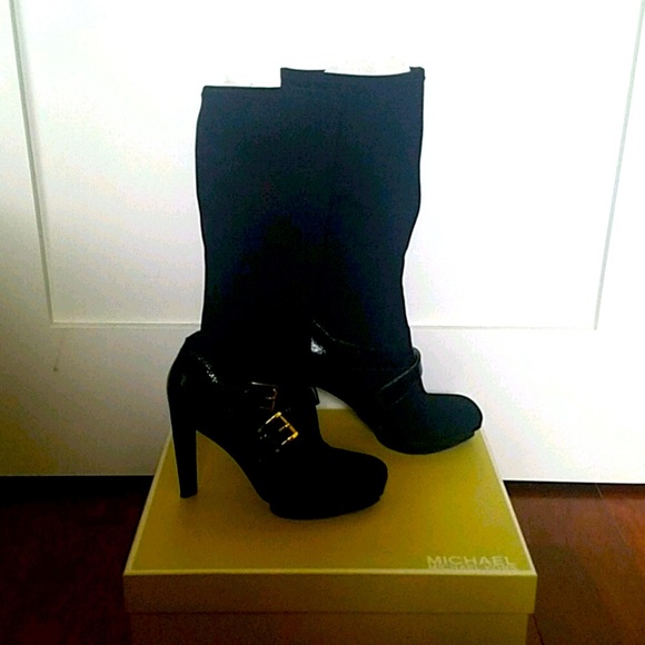 🎉HP🎉Vintage Michael Kors Black stretch mid-calf platform heel boots. Size 7.5. - Picture 4 of 5